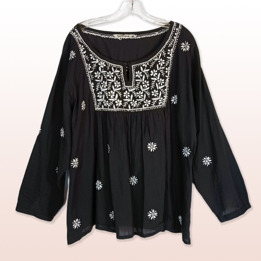 Black Boho Cotton Tunic Peasant Top Hand Embroidered Long Sleeves Size 2X